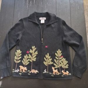 Vtg TimberLea Woodland Creatures Embroidered Zip Up Cardigan Sweater Size Small